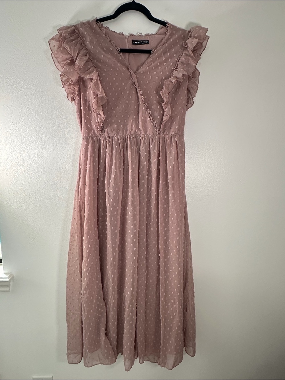 SHEIN Swiss Dot Ruffle Maxi Dress Pink Lace Flutter Sleeve Women Large